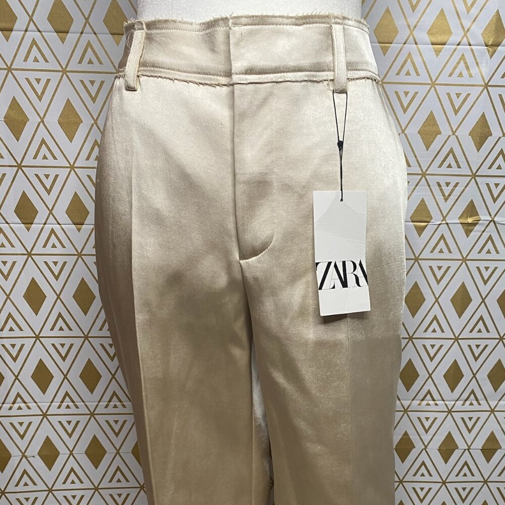 ZARA WOMAN MID-RISE ZW COLLECTION HEAVY SATIN TROUSERS CREAM
